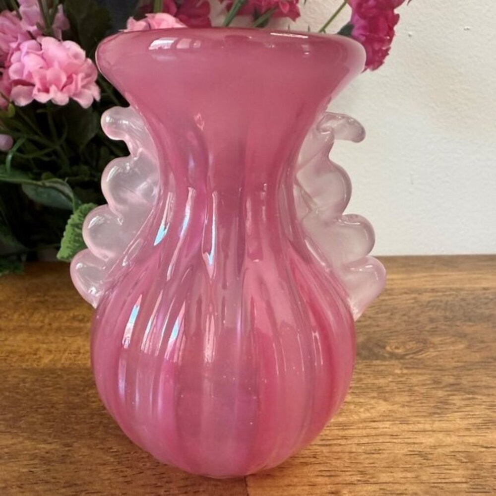 Hand Blown Pink Cased Glass Vase Ruffled Opalescent Sides Ribbed Mid Century Art